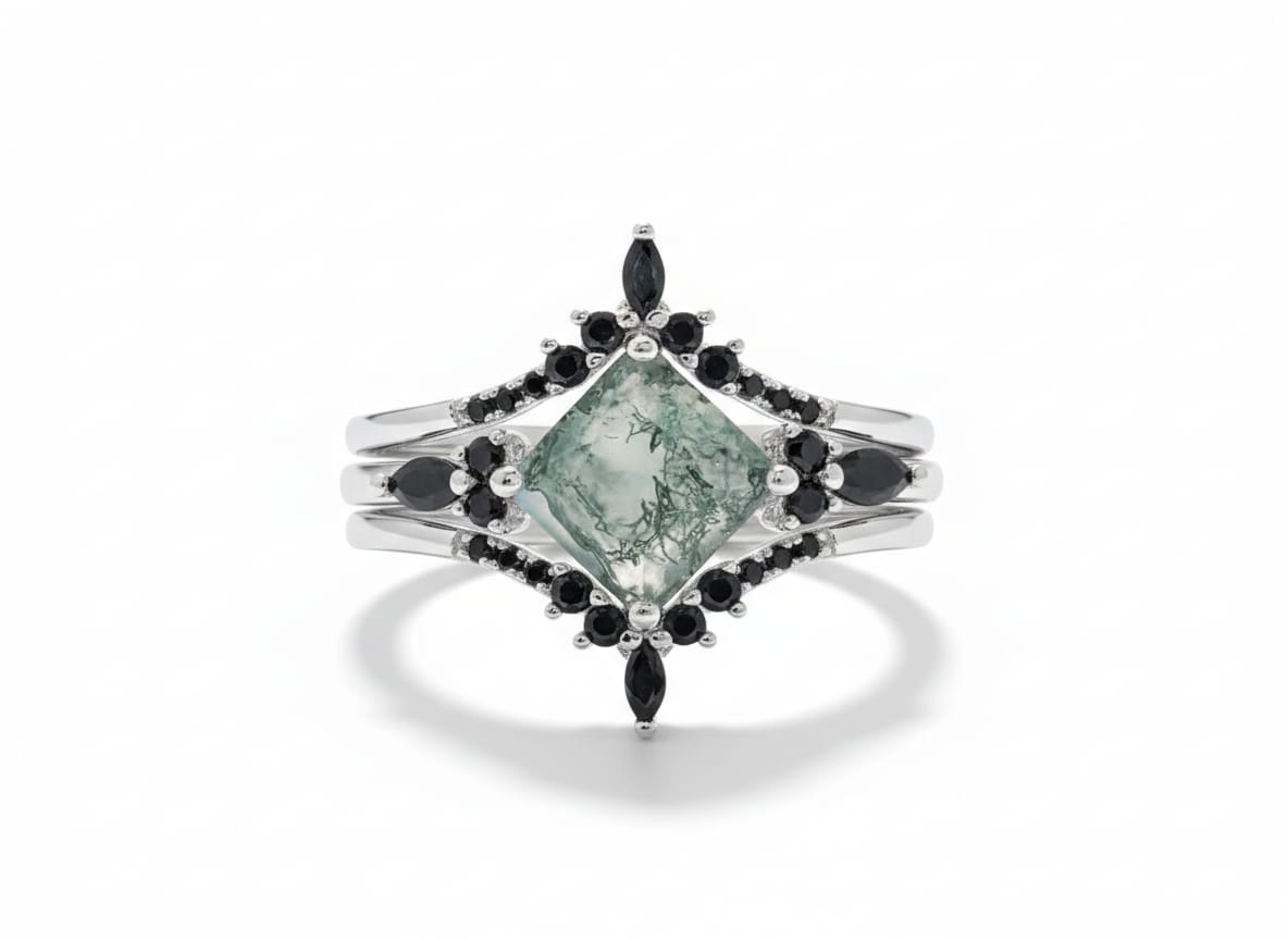Moss Agate and Zircon Ring Set