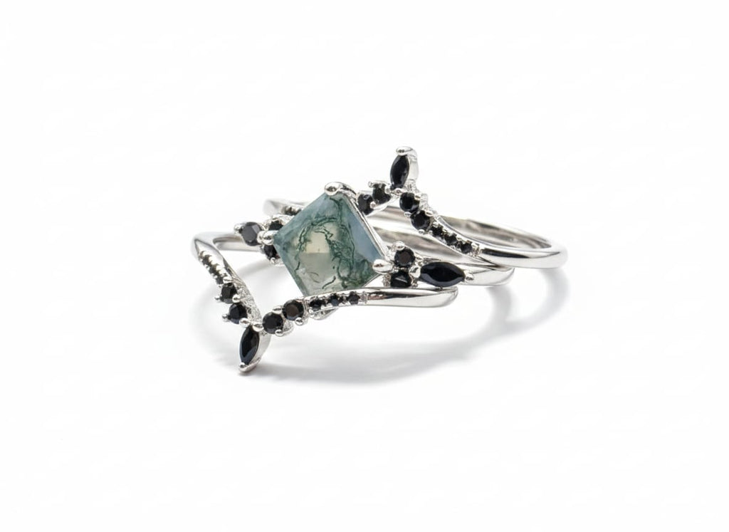Moss Agate and Zircon Ring Set