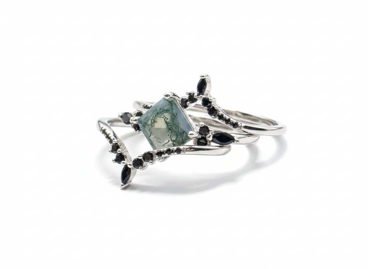 Moss Agate and Zircon Ring Set
