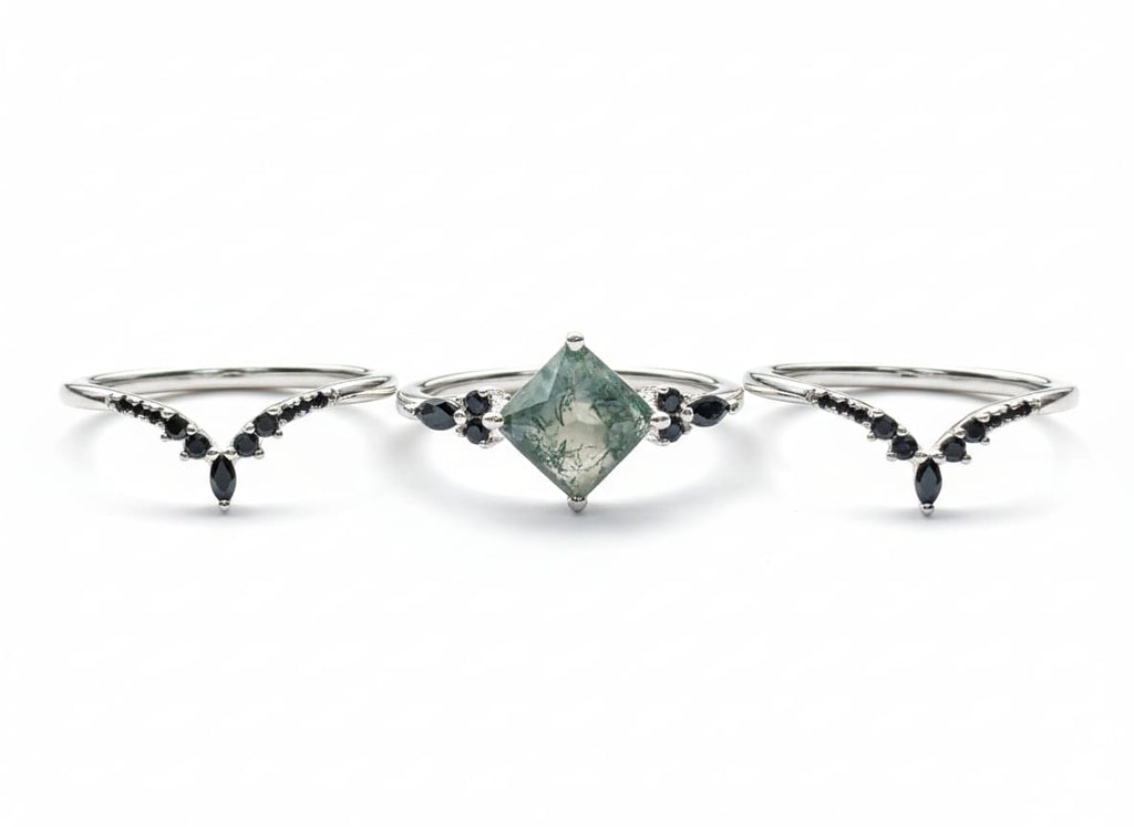 Moss Agate and Zircon Ring Set