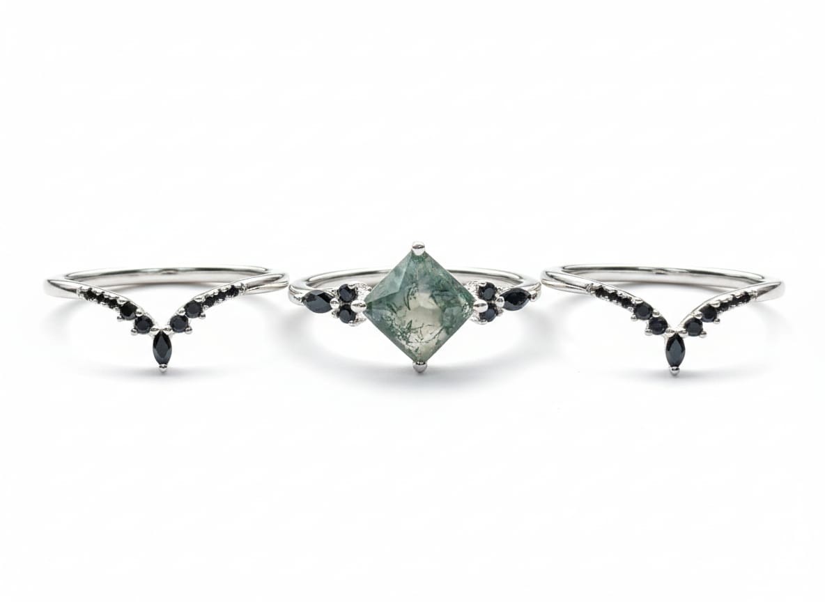 Moss Agate and Zircon Ring Set