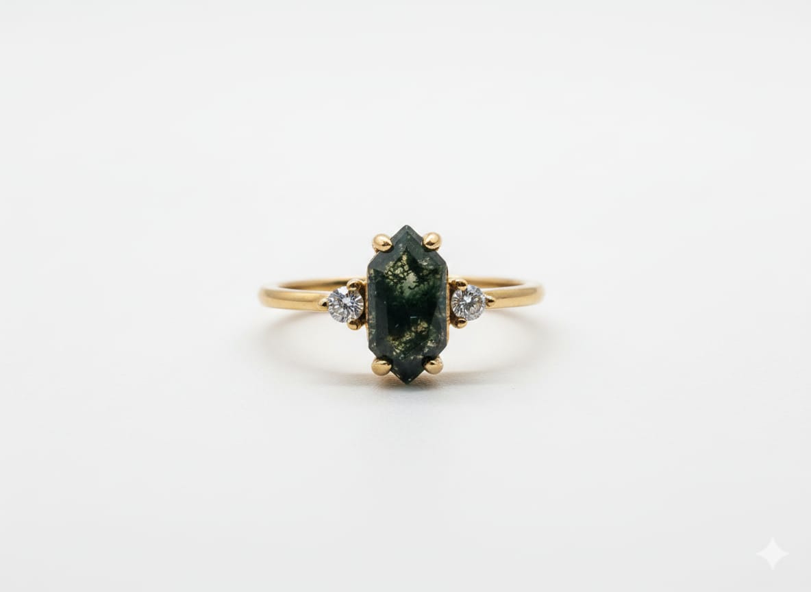 Hexagonal Moss Agate Gold Ring