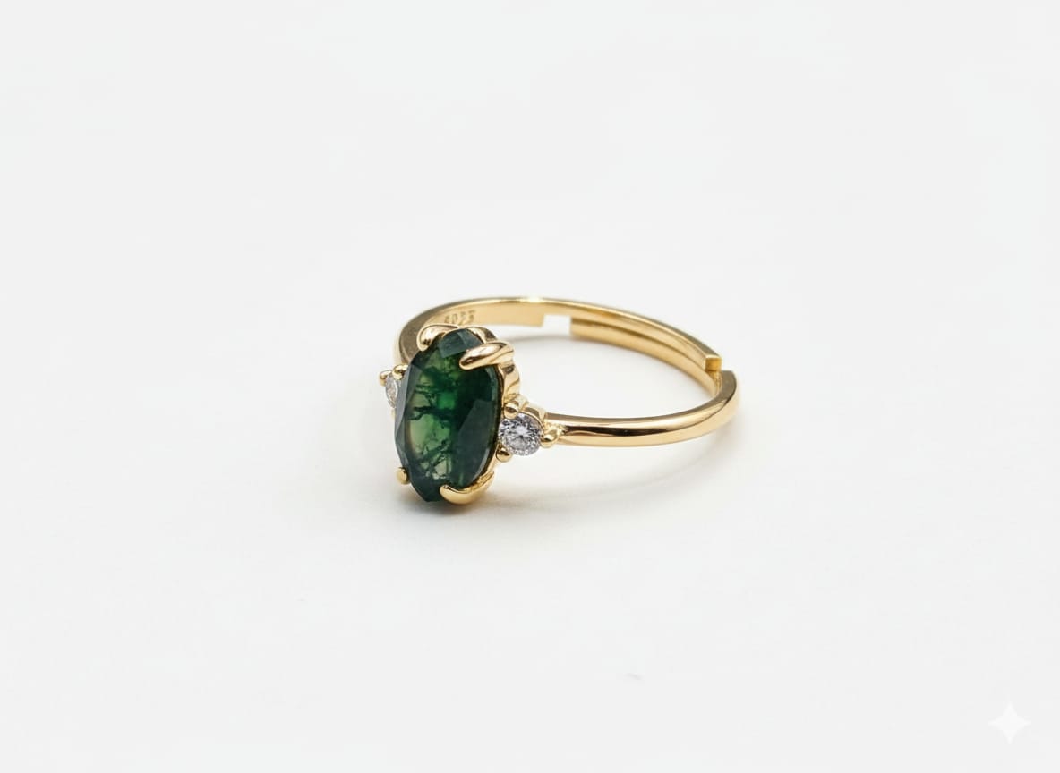 Hexagonal Moss Agate Gold Ring