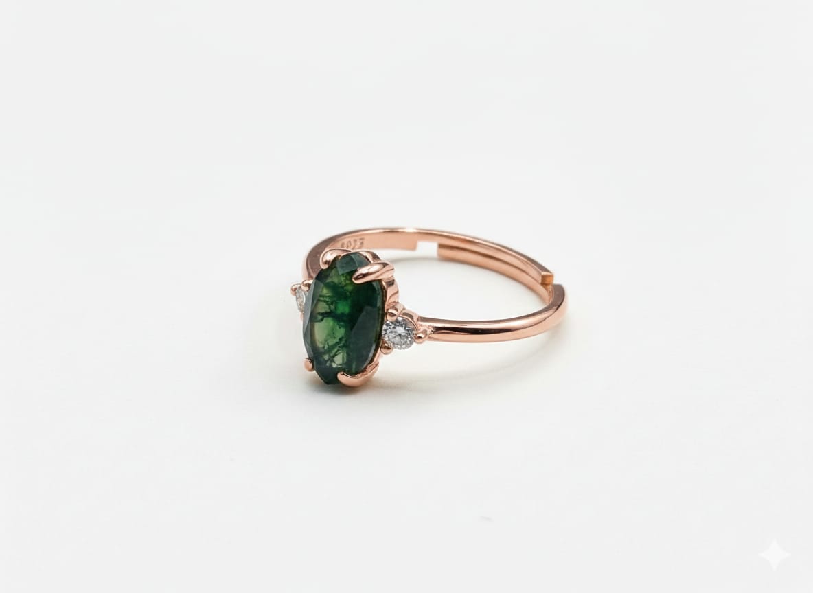 Hexagonal Moss Agate Rose Gold Ring