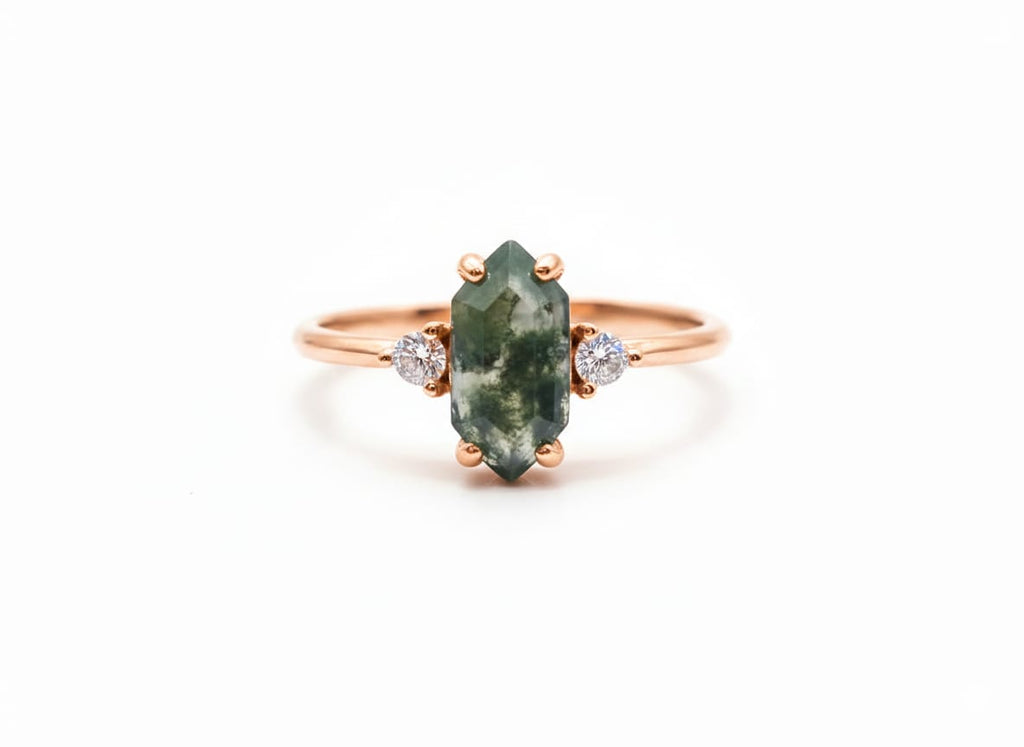 Hexagonal Moss Agate Rose Gold Ring