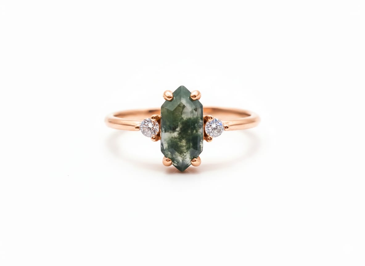 Hexagonal Moss Agate Rose Gold Ring