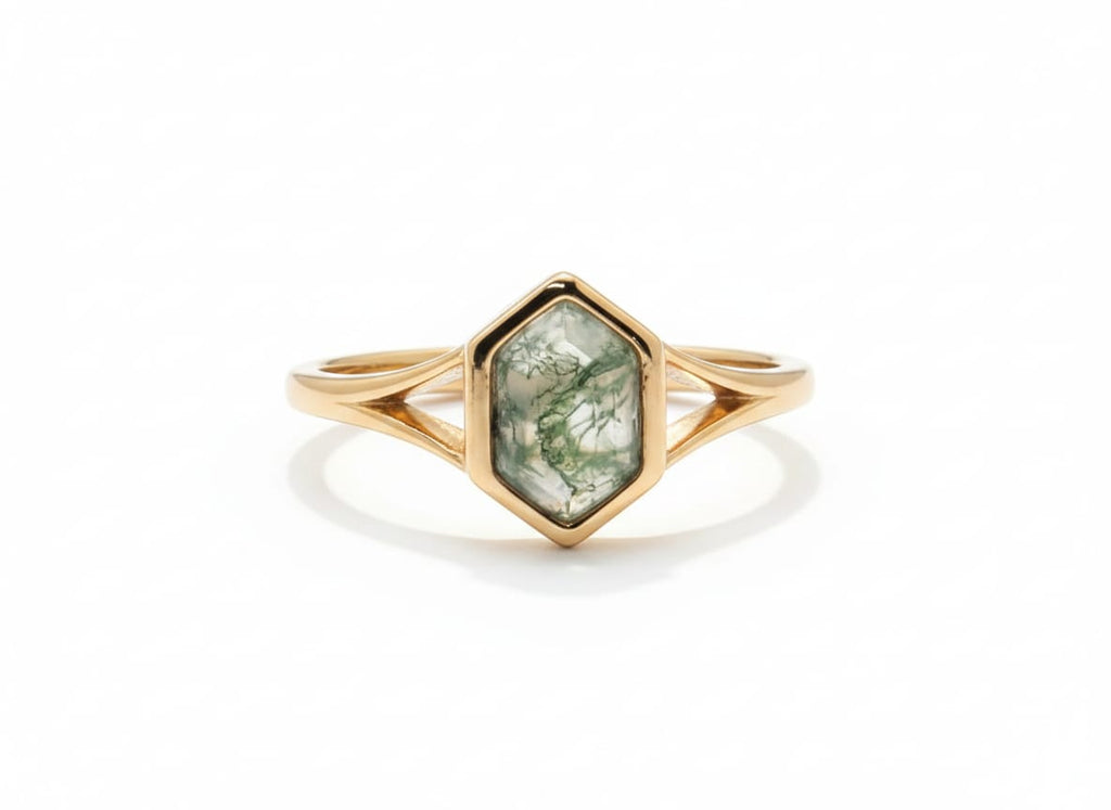 Hexagon Moss Agate Gold Ring