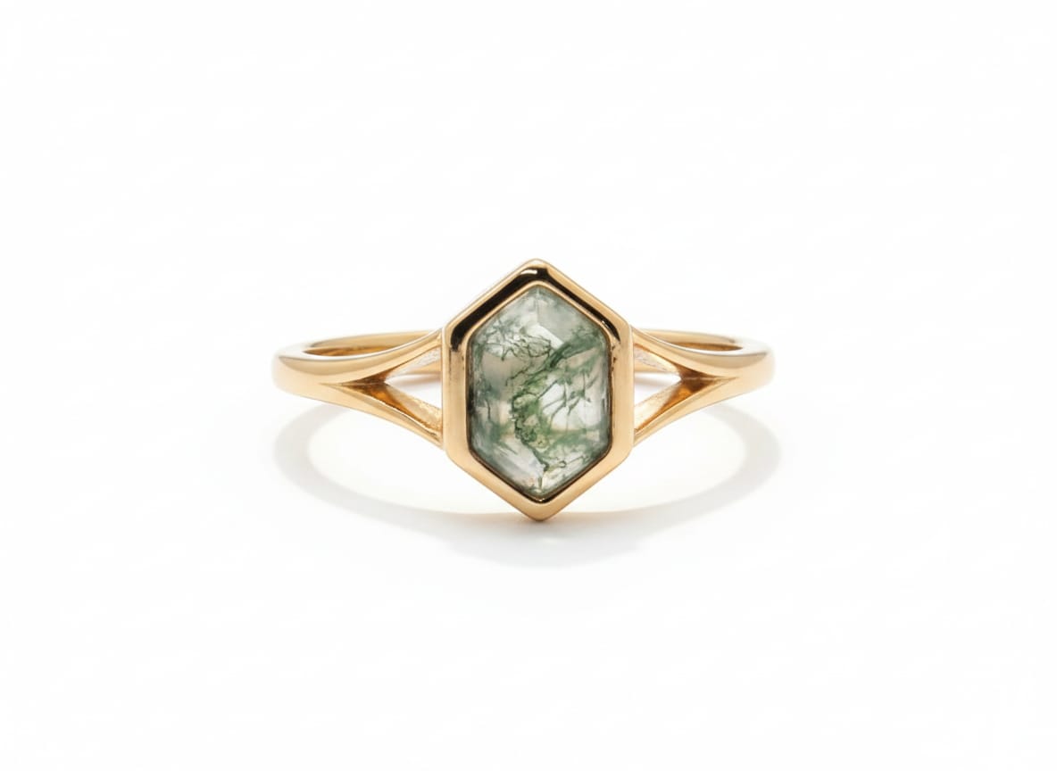 Hexagon Moss Agate Gold Ring