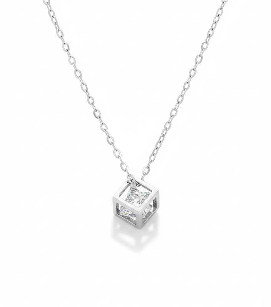 Geometric Cube with Floating Brilliant Round Solitaire Necklace