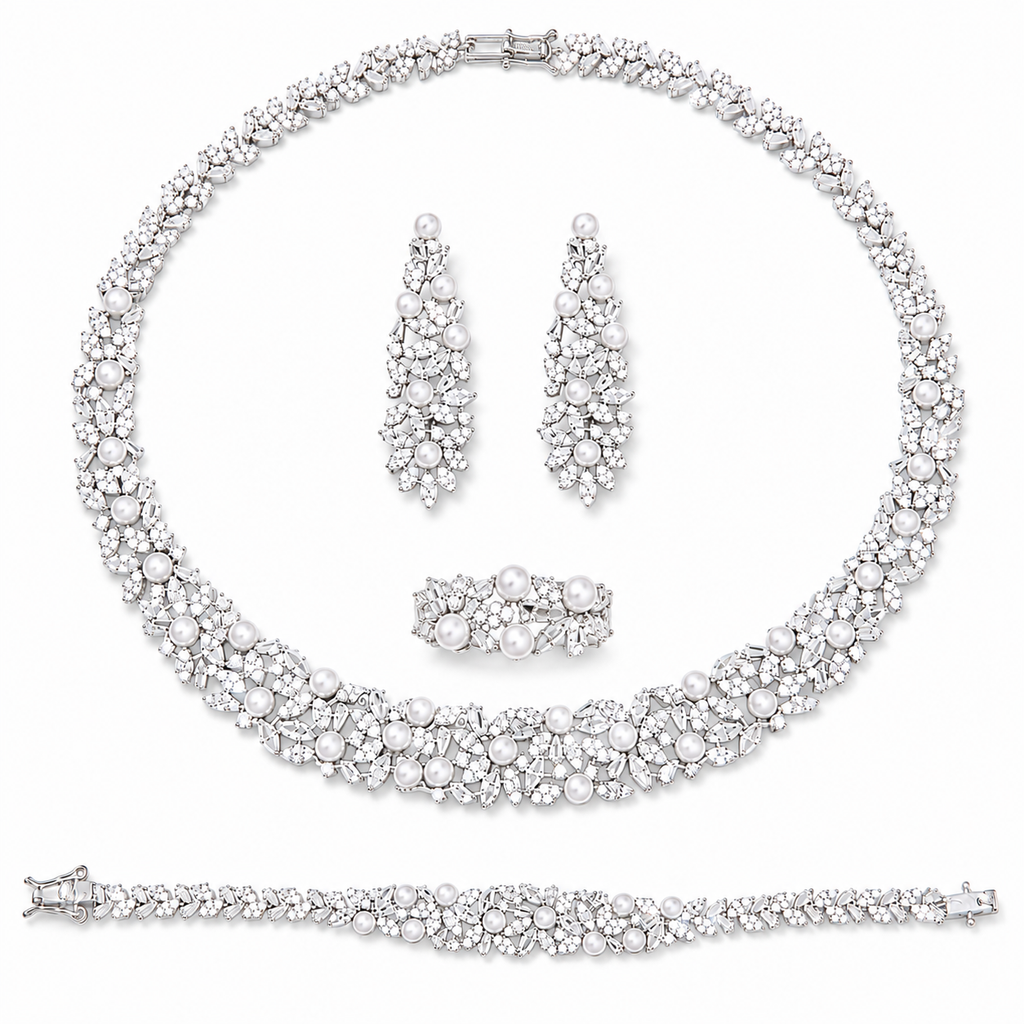 Floral Bridal Set with Crystals and Pearl