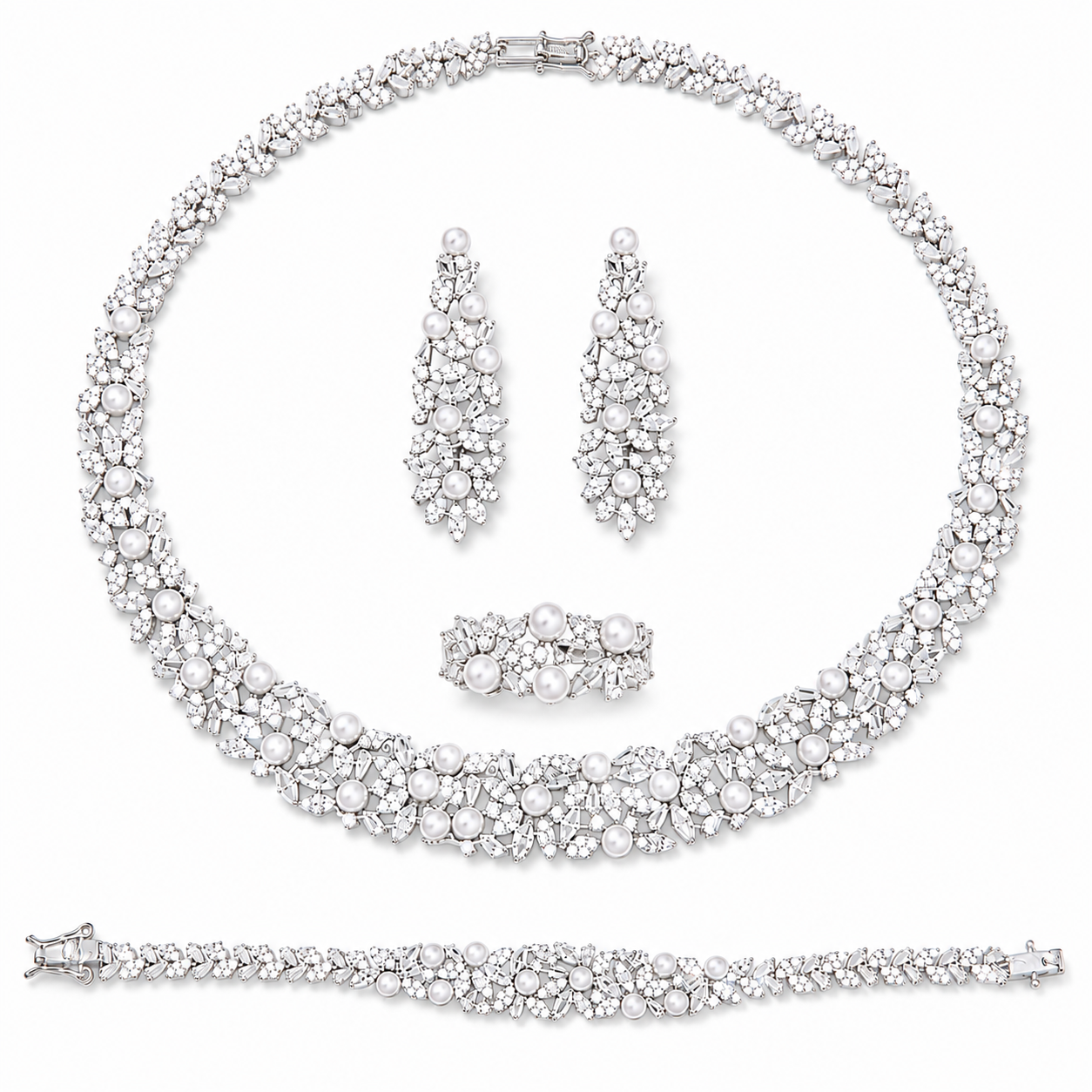 Floral Bridal Set with Crystals and Pearl