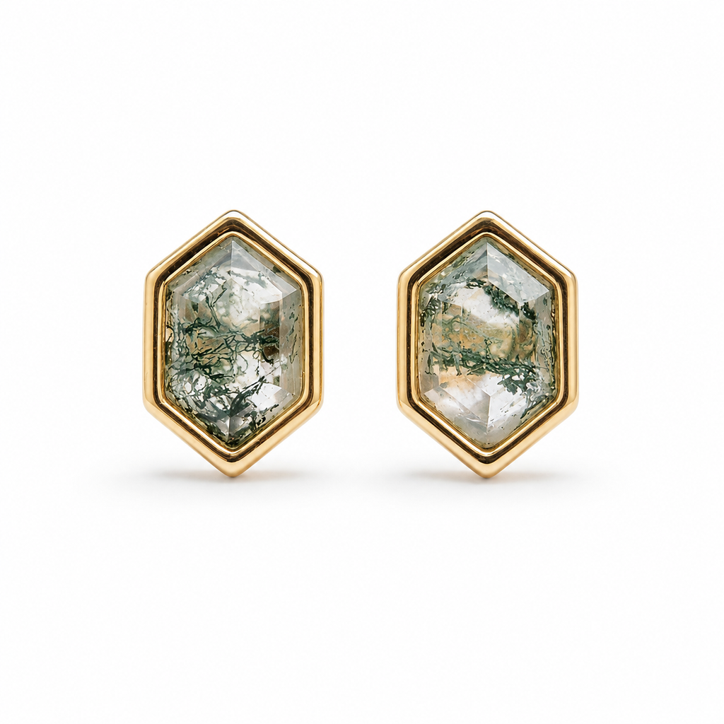 Hexagon Moss Agate Stud