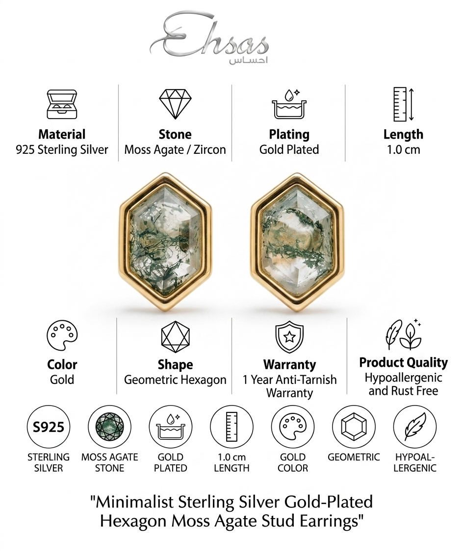 Hexagon Moss Agate Stud
