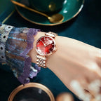 OLEVS 6642 Women’s Luxury Rose Diamond Watch – Fashion Stainless Steel Quartz Wristwatch for Ladies - Red