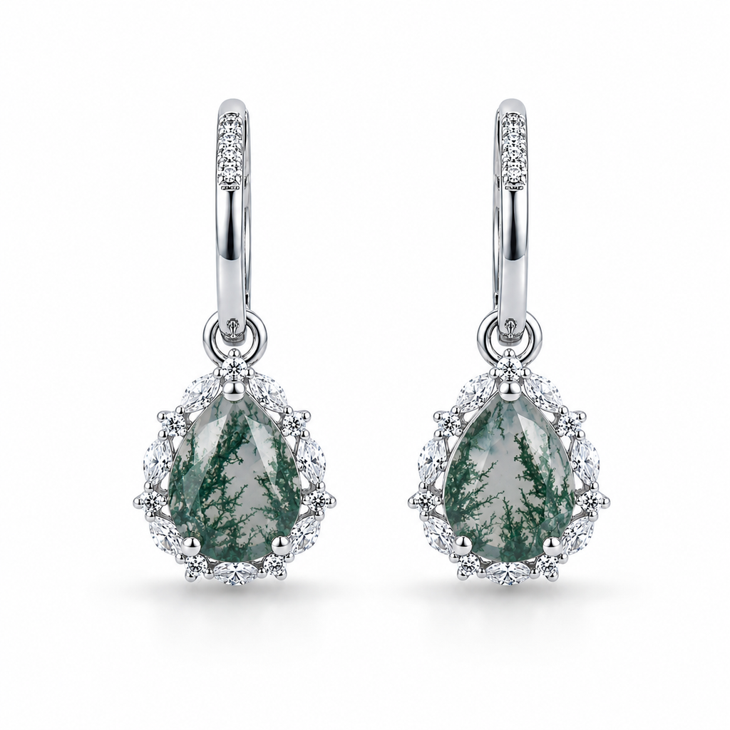 Moss Agate Pear-Cut Drop Earrings