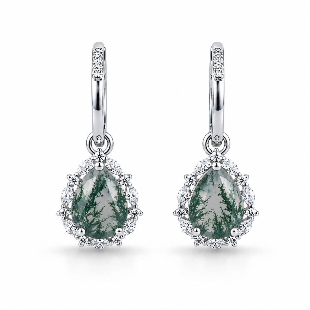 Moss Agate Pear-Cut Drop Earrings