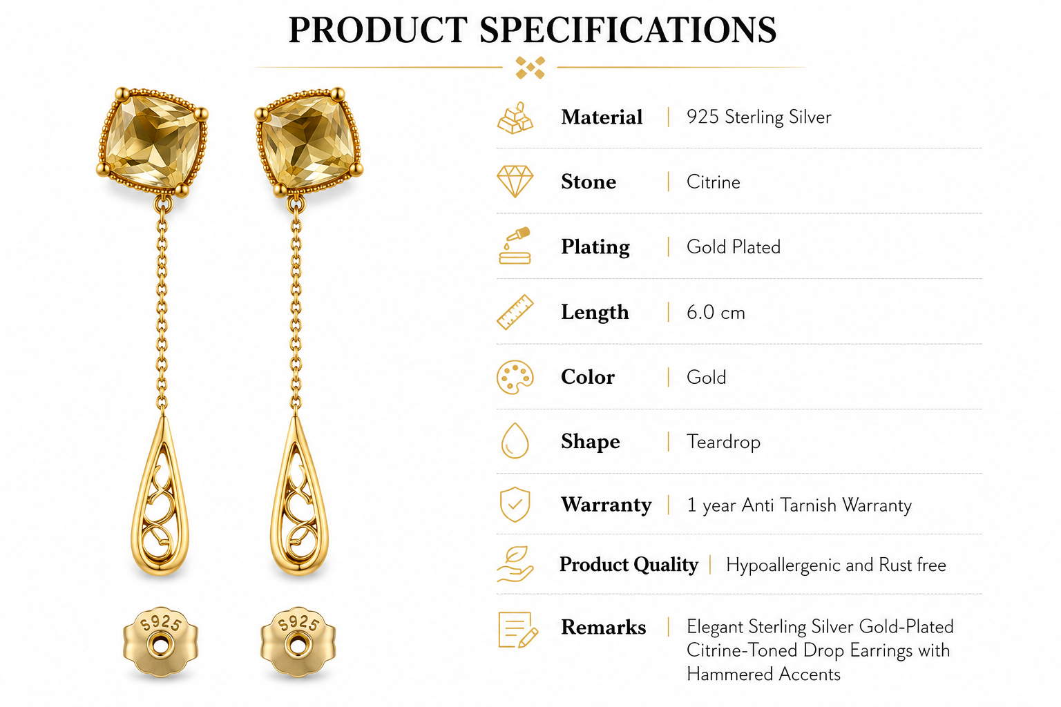 Gold-Plated Citrine Drop Earrings