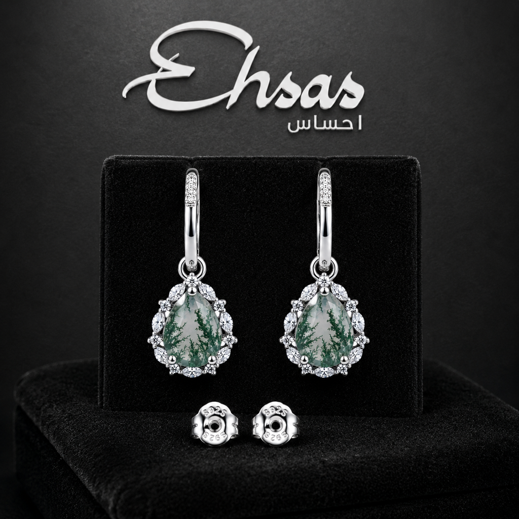 Moss Agate Pear-Cut Drop Earrings