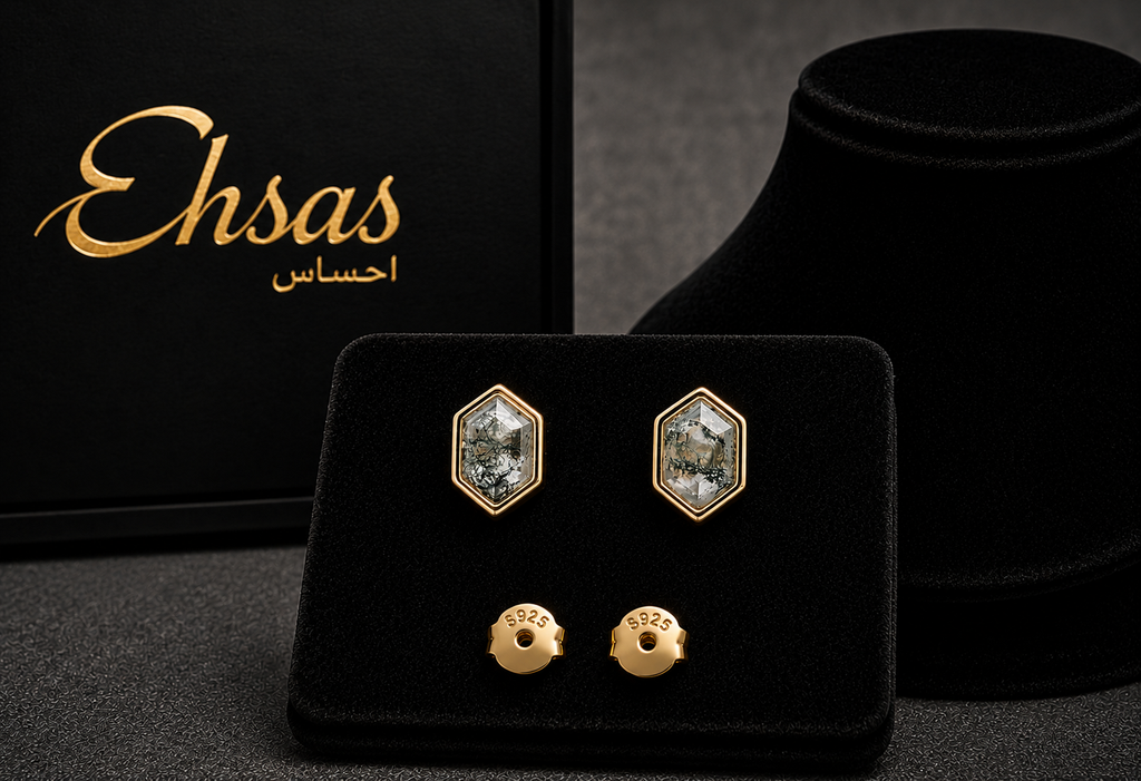 Hexagon Moss Agate Stud