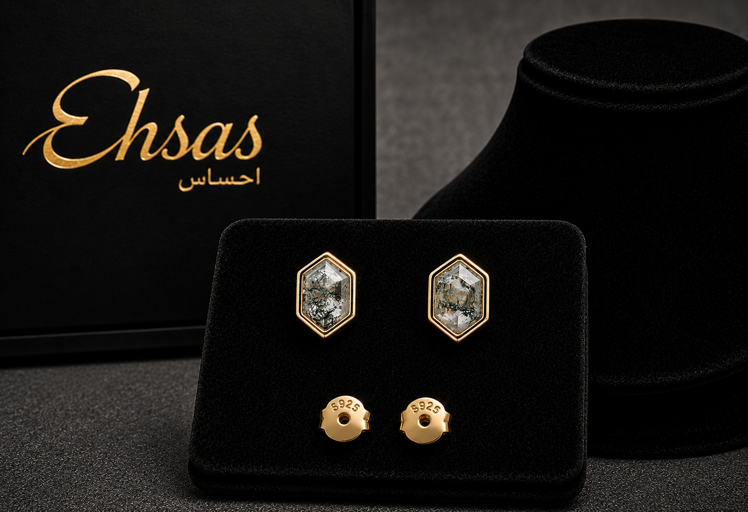 Hexagon Moss Agate Stud