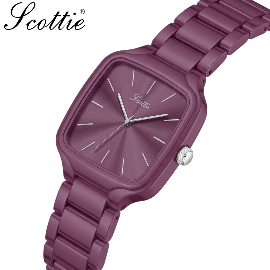 Scottie 9718 Women’s Luxury Square Watch – Stainless Steel Quartz with Purple Color