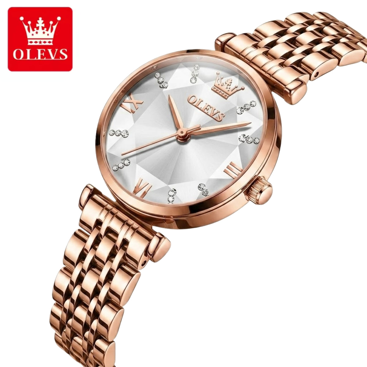 OLEVS 6642 Women’s Luxury Rose Diamond Watch – Fashion Stainless Steel Quartz Wristwatch for Ladies - White