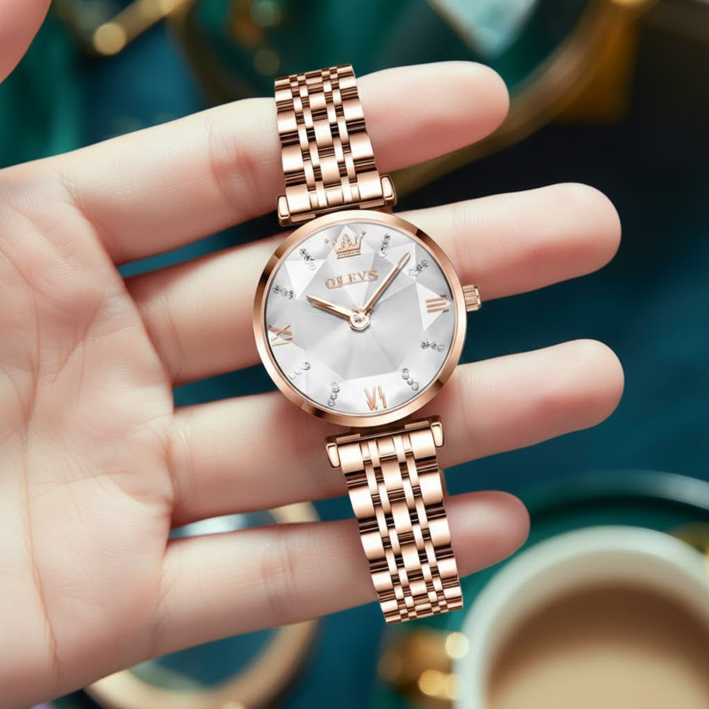 OLEVS 6642 Women’s Luxury Rose Diamond Watch – Fashion Stainless Steel Quartz Wristwatch for Ladies - White