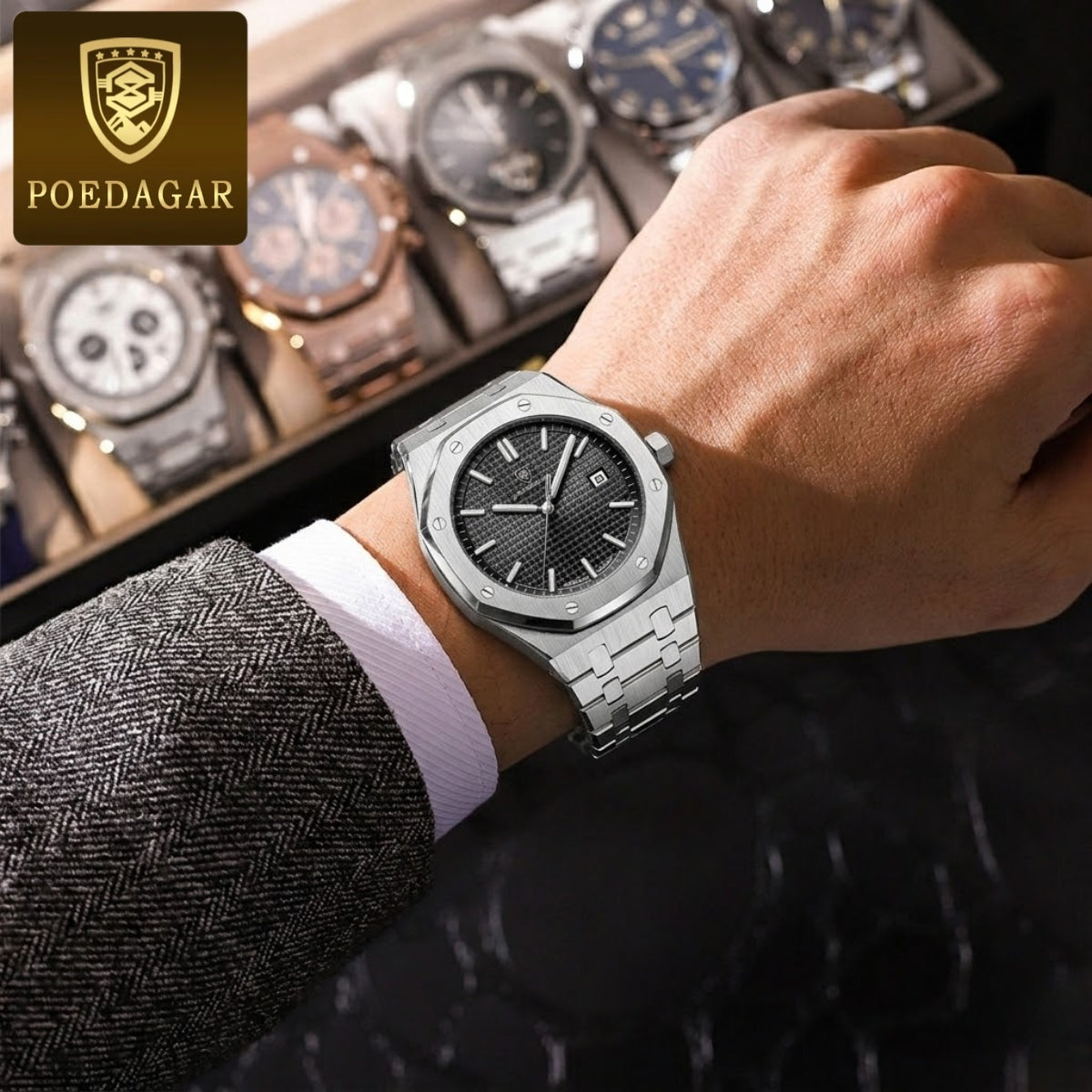 POEDAGAR 924 Men's Luxury Watch: Stainless Steel Waterproof Quartz with Day-Date & Luminous Display Silver Black