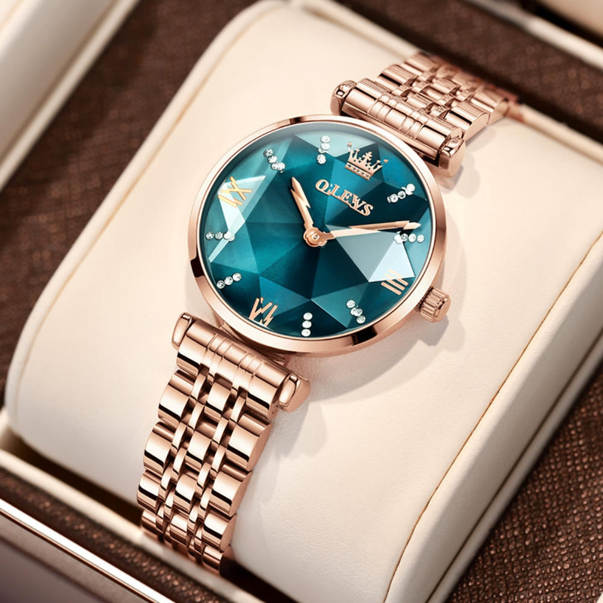 OLEVS 6642 Women’s Luxury Rose Diamond Watch – Fashion Stainless Steel Quartz Wristwatch for Ladies - Green