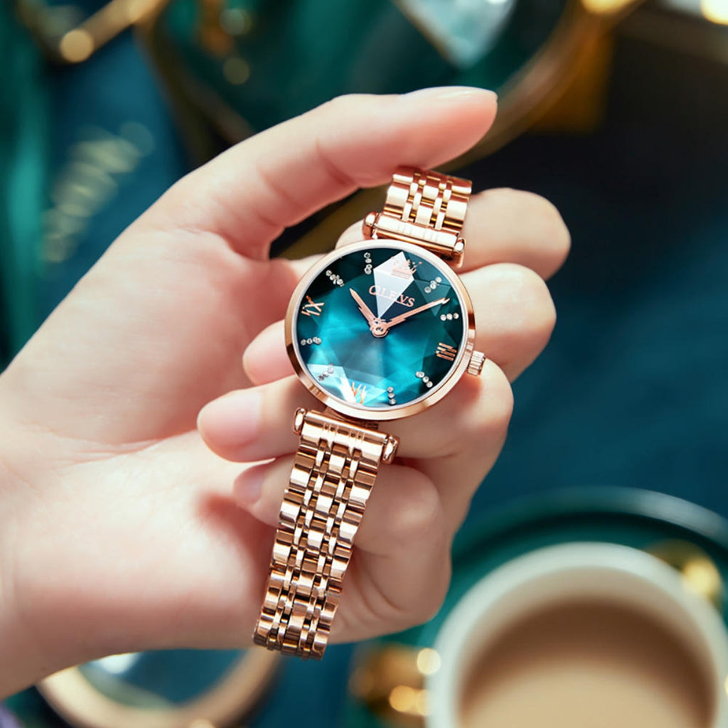 OLEVS 6642 Women’s Luxury Rose Diamond Watch – Fashion Stainless Steel Quartz Wristwatch for Ladies - Green