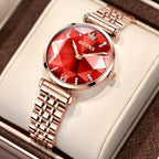 OLEVS 6642 Women’s Luxury Rose Diamond Watch – Fashion Stainless Steel Quartz Wristwatch for Ladies - Red