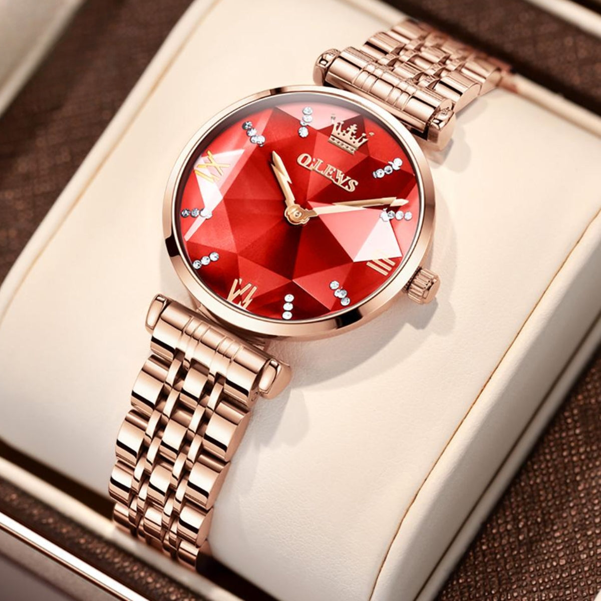 OLEVS 6642 Women’s Luxury Rose Diamond Watch – Fashion Stainless Steel Quartz Wristwatch for Ladies - Red