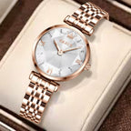 OLEVS 6642 Women’s Luxury Rose Diamond Watch – Fashion Stainless Steel Quartz Wristwatch for Ladies - White