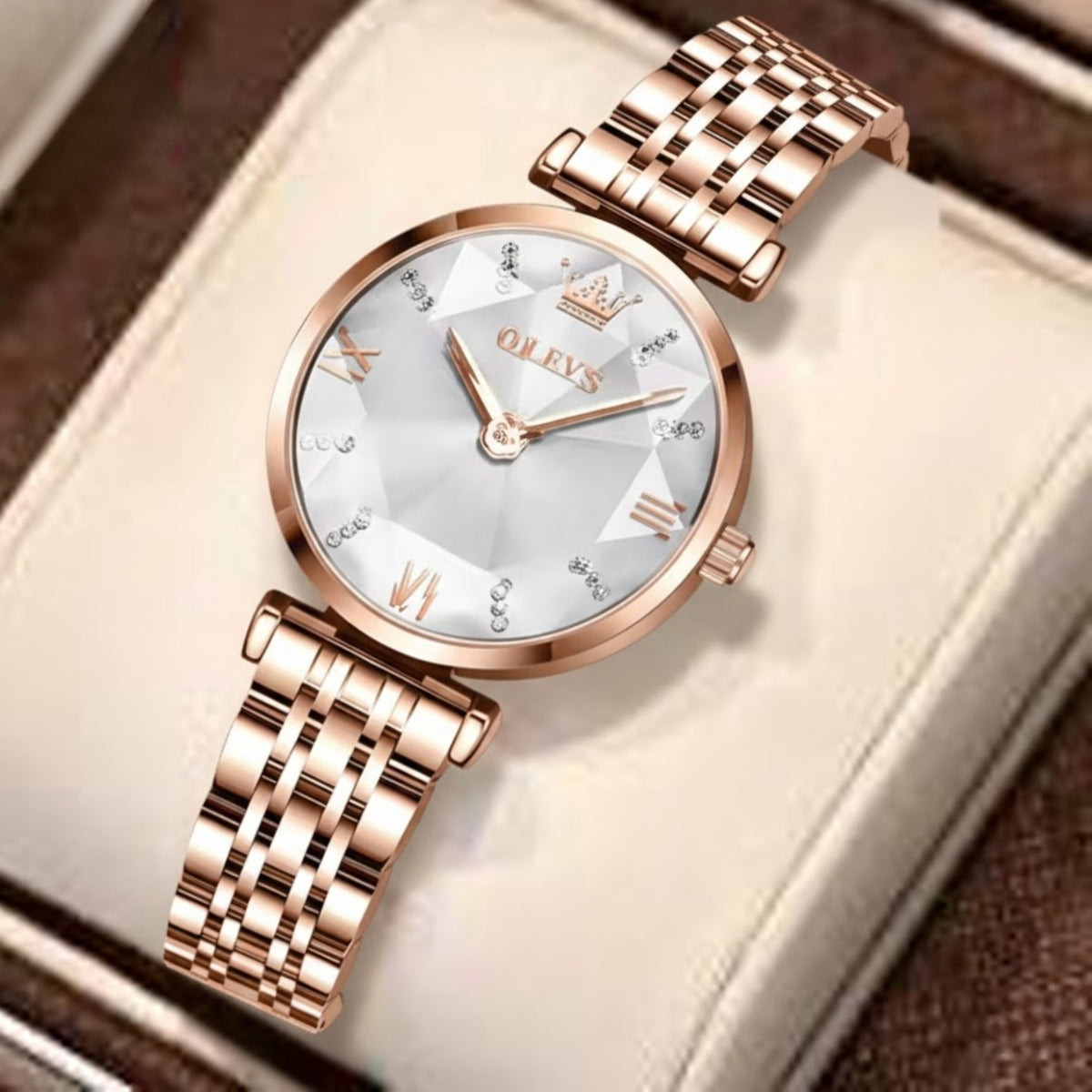 OLEVS 6642 Women’s Luxury Rose Diamond Watch – Fashion Stainless Steel Quartz Wristwatch for Ladies - White