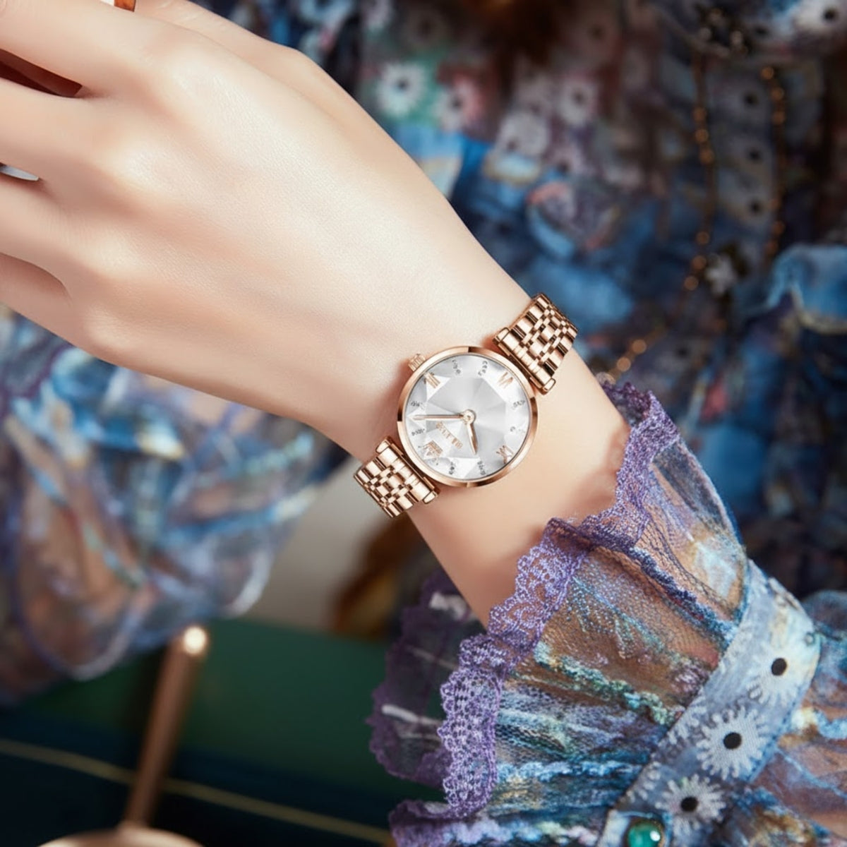 OLEVS 6642 Women’s Luxury Rose Diamond Watch – Fashion Stainless Steel Quartz Wristwatch for Ladies - White