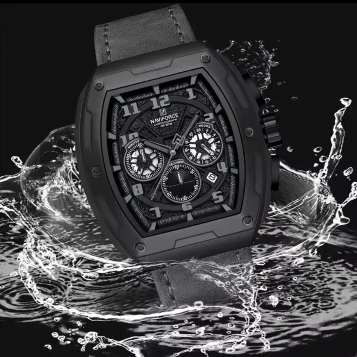 NAVIFORCE 8053 Men's Watch – Waterproof Sport Chronograph with Luxury Leather Band Black