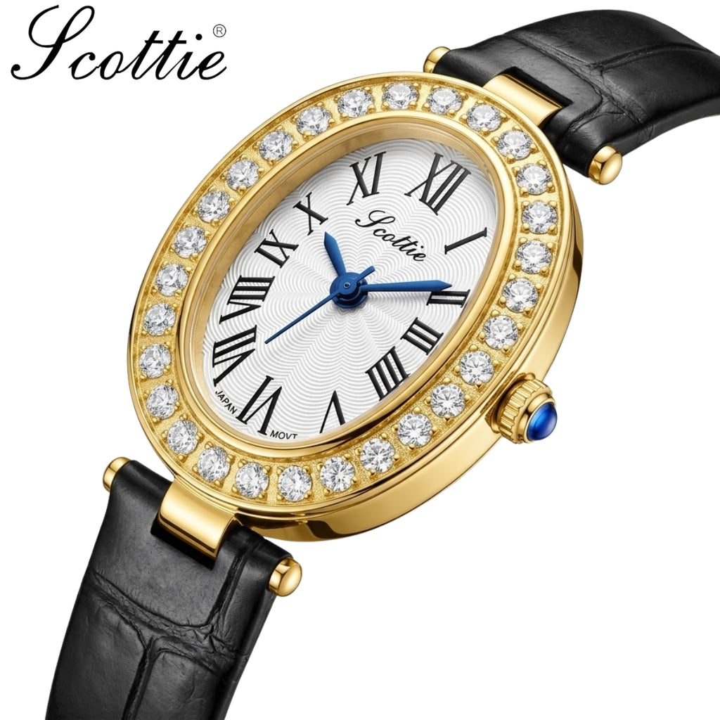 Scottie 9780 Women’s High-End Oval Watch – Elegant Leather Quartz Wristwatch for - Black and Gold