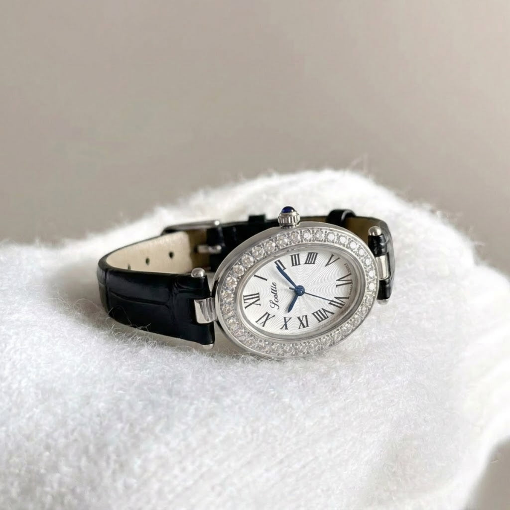 Scottie 9780 Women’s High-End Oval Watch – Elegant Leather Quartz Wristwatch - Black and Silver
