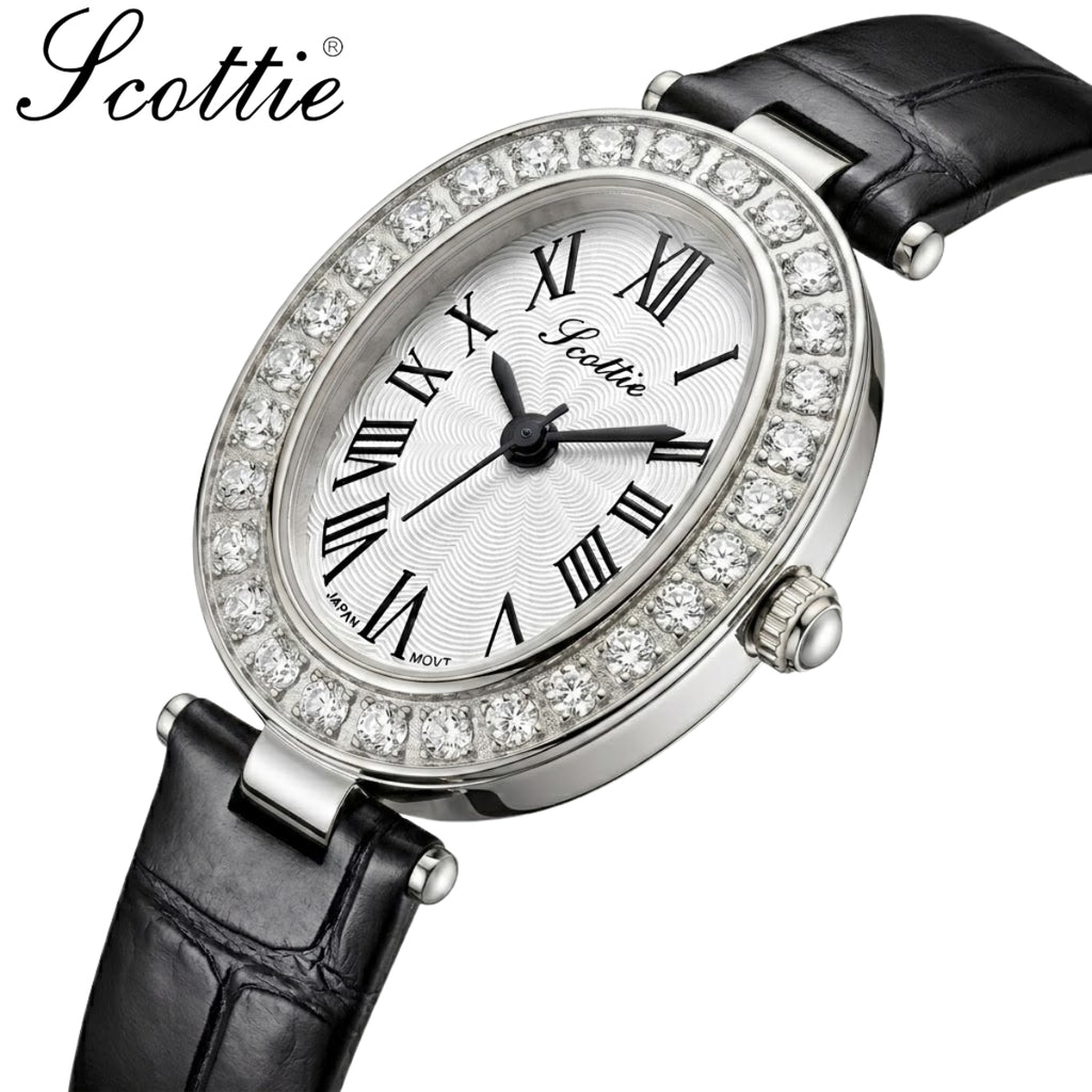 Scottie 9780 Women’s High-End Oval Watch – Elegant Leather Quartz Wristwatch - Black and Silver