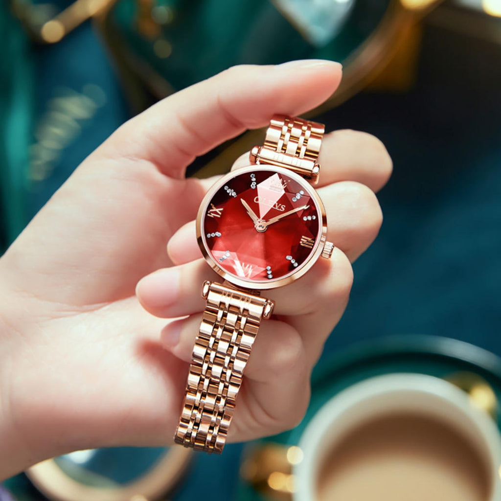 OLEVS 6642 Women’s Luxury Rose Diamond Watch – Fashion Stainless Steel Quartz Wristwatch for Ladies - Red