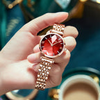 OLEVS 6642 Women’s Luxury Rose Diamond Watch – Fashion Stainless Steel Quartz Wristwatch for Ladies - Red