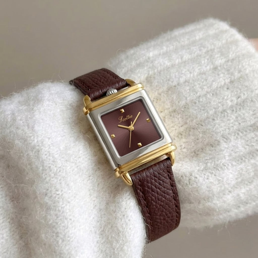 Scottie 9741 Women’s Luxury Square Watch – Waterproof Custom Quartz Wristwear with Leather Strap Red