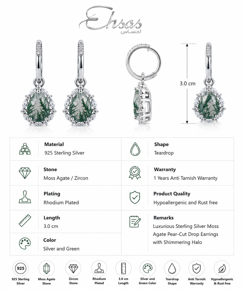 Moss Agate Pear-Cut Drop Earrings