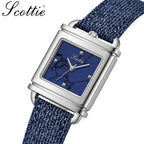 Scottie 9741 Women’s Luxury Square Watch – Waterproof Custom Quartz Wristwear with Leather Strap Blue