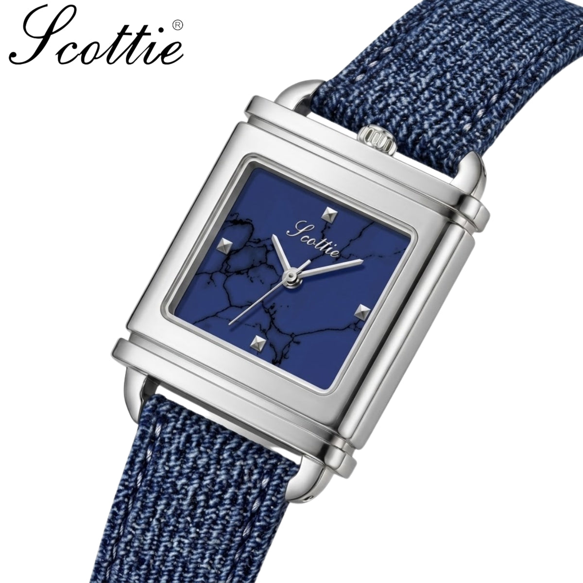 Scottie 9741 Women’s Luxury Square Watch – Waterproof Custom Quartz Wristwear with Leather Strap Blue