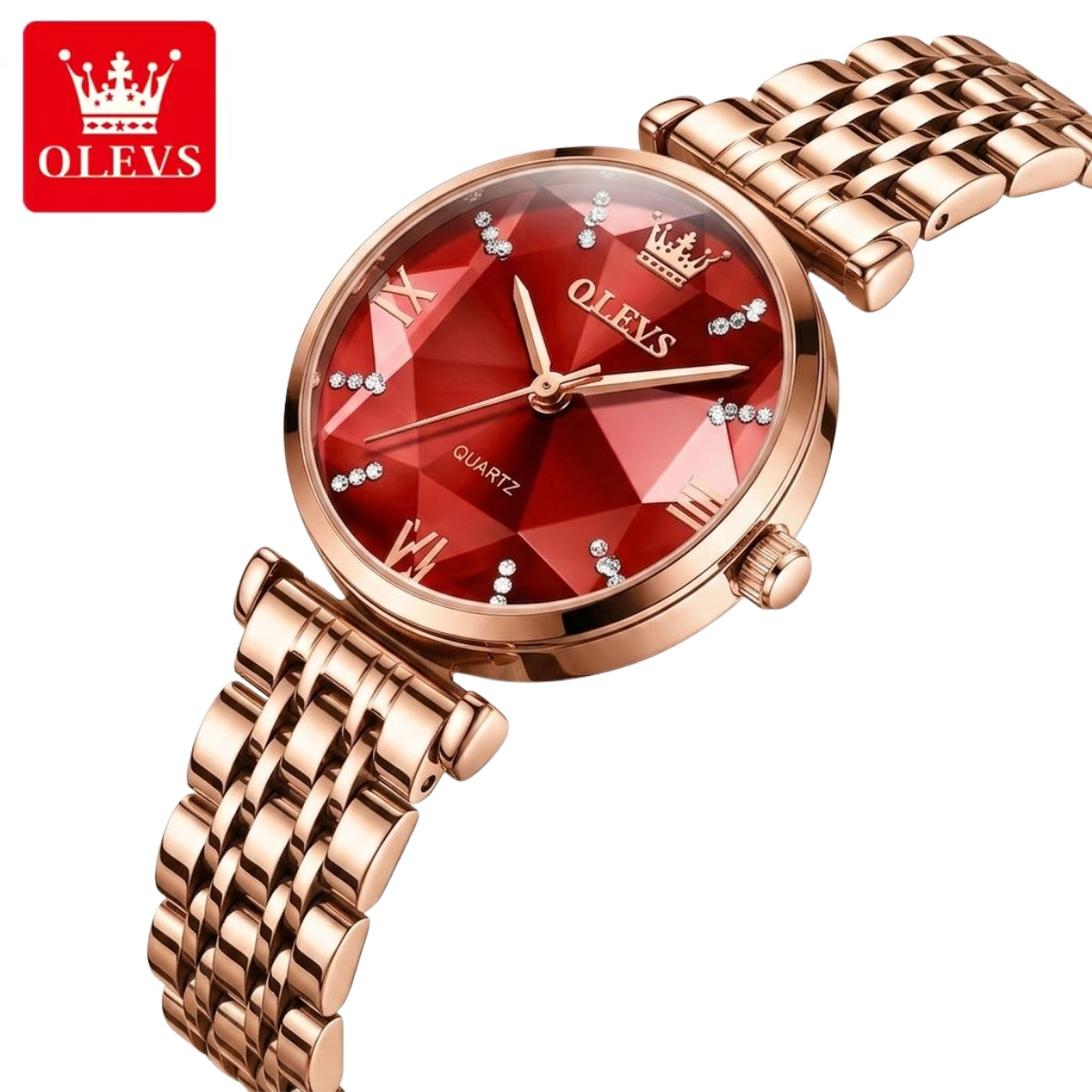 OLEVS 6642 Women’s Luxury Rose Diamond Watch – Fashion Stainless Steel Quartz Wristwatch for Ladies - Red
