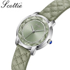 Scottie 9728 Women’s Luxury Square Watch – Waterproof Quartz Wristwatch with Leather Band Green