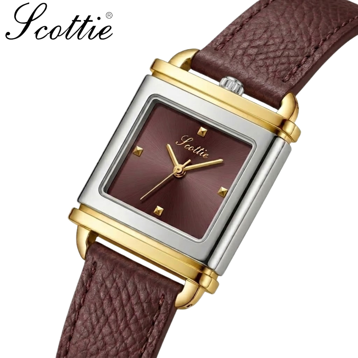 Scottie 9741 Women’s Luxury Square Watch – Waterproof Custom Quartz Wristwear with Leather Strap Red